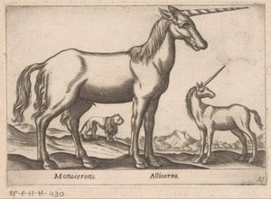 Deux licornes et un lion (Monocerons/Allicorno, série Animaux et créatures fabuleuses, Nova raccolta de li animali piu curiosi del mondo) - Antonio Tempesta