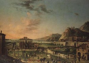 Un panorama capriccio du voyage de Charles III roi des Deux-Siciles, de sa villa à Portici au Palazzo Farnese à Rome