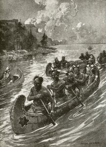 Samuel De Champlain en 1608 remontant le fleuve Saint-Laurent dans les canoës des Indiens d