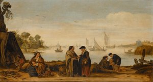 Paysage fluvial avec femmes lisant les lignes de la main