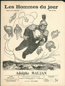 Couverture de "Les Hommes du jour", ca. 1905 - Illustration par Aristide Delannoy (1874-1911) : Ballons de baudruche - Clemenceau George, Jaurès Jean, Fallières Armand (1841-1931), Maujan Adolphe (1853-1914)