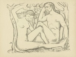 Adam et Ève assis près d