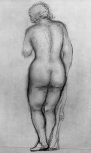 Modèle féminin debout, vue de dos