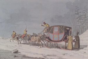 Cheval et calèche sur des traîneaux de 