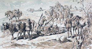 Bœufs tirant un traîneau primitif chargé de rochers, 1886