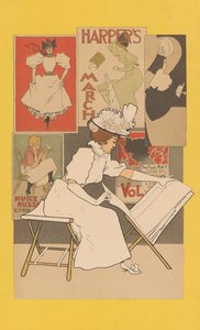Femme assise à un stand regardant des estampes