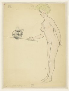 Femme nue debout avec un bâton et un crâne