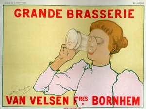 Femme buvant de la bière, publicité pour la brasserie Van Velsen, fin du 19e siècle