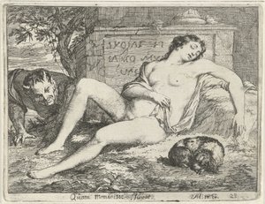 Nymphe endormie avec un chien espionnée par un satyre - Arnold Houbraken