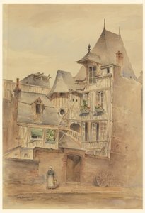 Dessin, scène de rue avec des maisons médiévales, vers 1885 - Arnold William Brunner
