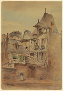 Dessin, scène de rue avec des maisons médiévales, vers 1885 - Arnold William Brunner