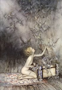 Ouverture de la boîte de Pandore, scène de Un Livre Merveilleux, par Nathaniel Hawthorne (lithographie en couleur) - Arthur (after) Rackham