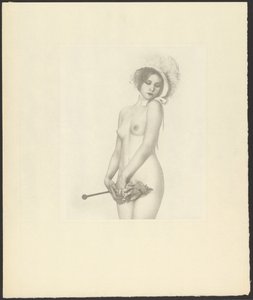 [Nu féminin portant un bonnet et tenant une ombrelle]