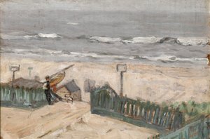 Cabines de bain avec pêcheur et chien, vers 1900 - Arthur Haythorne Studd