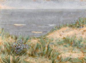 Vue sur la mer avec dunes et herbe de mer en fleurs, vers 1900