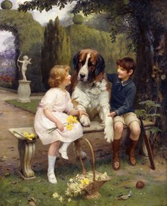 Enfants avec un Saint-Bernard