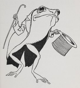 Une grenouille portant un haut-de-forme et une queue-de-pie, portant une canne