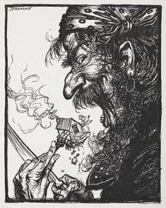 Un grand homme mangeant une petite dame et sa maison - Arthur Rackham