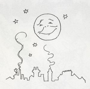 Une lune souriante au-dessus des toits