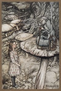 Alice parlant à la Chenille assise sur un champignon fumant une pipe