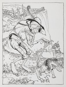 Un vieil homme tordu avec son chat tordu et sa maison tordue - Arthur Rackham