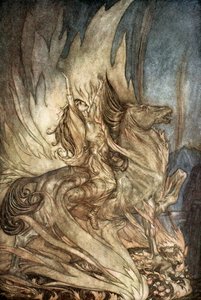 Brunnhilde sur Grane saute sur le bûcher funéraire de Siegfried - Arthur Rackham