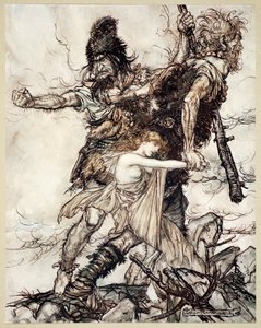 Fasolt saisit soudainement Freia et la traîne d