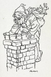 Père Noël descendant par une cheminée avec un sac de cadeaux - Arthur Rackham