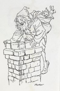 Père Noël entrant dans une cheminée avec des cadeaux - Arthur Rackham