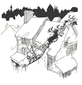 Père Noël dans son traîneau volant au-dessus des toits enneigés - Arthur Rackham