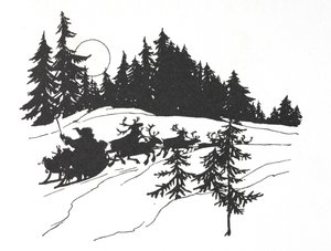 Père Noël voyageant à travers un bois enneigé sur son traîneau - Arthur Rackham