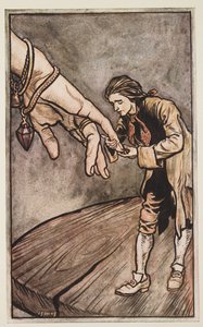 Gulliver embrasse la main de la reine de Brobdingnag, des Voyages de Gulliver par Jonathan Swift, pub. 1909