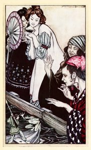 La rencontre de Gulliver avec la grenouille de la Partie II : Un voyage à Brobdingnag dans les Voyages de Gulliver par Jonathan Swift - Arthur Rackham