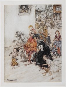 Écoutez ! Écoutez ! Les chiens aboient. Une collection de personnages, y compris un bouffon, des vieilles femmes et des enfants, marchant dans les rues