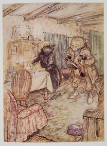 Il réapparut bientôt, quelque peu poussiéreux, avec une bouteille de bière dans chaque patte et une autre sous chaque bras, de Wind in the Willows par Kenneth Grahame (1859 - 1932), pub. 1940 - Arthur Rackham