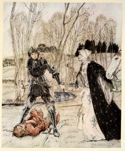 Comment Beaumains a vaincu le Chevalier Rouge et toujours la demoiselle lui a dit beaucoup de mots grossiers, illustration de 