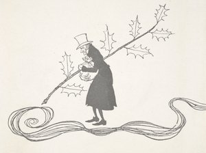 Illustration de Scrooge, représenté par une branche de houx, tenant un sac d