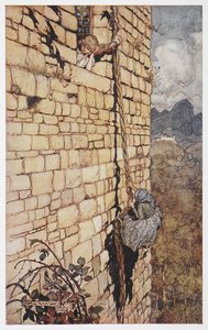 Illustration de la sorcière grimpant aux cheveux de Raiponce