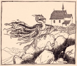 Il ne fallut pas longtemps avant que le dragon à sept têtes arrive, rugissant bruyamment. Illustration par Arthur Rackham du Conte de Grimm, Les Deux Frères. - Arthur Rackham
