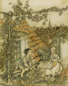 Kay et Gerda dans leur jardin en haut du toit. Illustration pour le conte de La Reine des Neiges