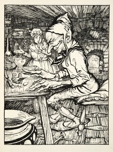Pond ! rugit le géant et alors la poule pondit immédiatement un œuf en or massif, de The Arthur Rackham Fairy Book, pub. 1933 - Arthur Rackham