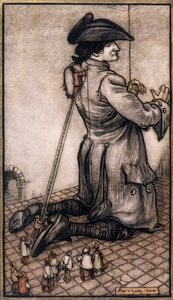 Les tailleurs lilliputiens mesurant Gulliver pour lui faire un nouveau costume, illustration par Arthur Rackham (1867-1939) des Voyages de Gulliver par Jonathan Swift (Dublin) - Arthur Rackham