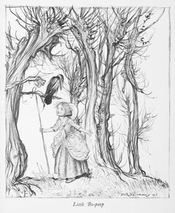 Petite Bo-peep dans un bois avec un oiseau.