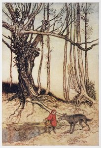 Le Petit Chaperon Rouge et le loup dans les bois.