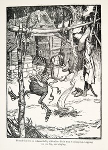 Autour du feu, un petit homme indescriptiblement ridicule sautait sur une jambe et chantait, des Contes de fées des frères Grimm, pub. 1909 - Arthur Rackham