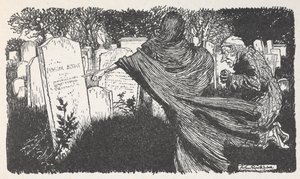 Scrooge et un fantôme dans un cimetière la nuit