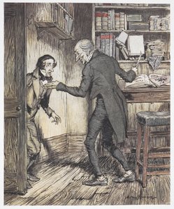 Scrooge écrivant dans son bureau alors qu