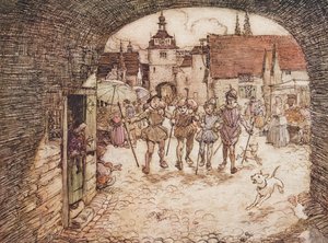 Alors les quatre frères prirent leurs bâtons en main, dirent au revoir à leur père et quittèrent la porte de la ville, des Contes de fées des frères Grimm, pub. 1909