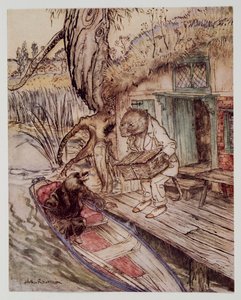 Mettez ça sous vos pieds, observa-t-il à la Taupe, en descendant dans le bateau, de Wind in the Willows par Kenneth Grahame (1859 - 1932), pub. 1940 - Arthur Rackham