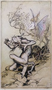 Sprite et monstre, une illustration de Contes de Shakespeare par Charles (1775-1834) et Mary Lamb (1764-1847) 1909